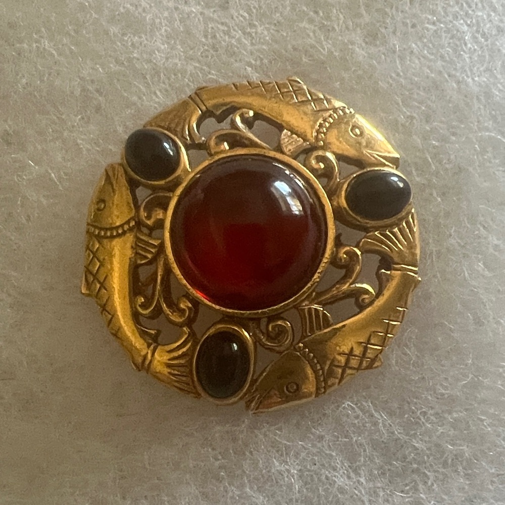 Gold Tone and Cabochon Red Fish Motif Brooch - Vatican Collection